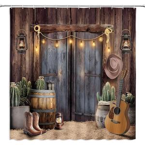 Western Cowboy Shower Curtain Farmhouse Barn Door Tropical Cactus Country Boots Lantern Guitar Retro Rustic Wooden Board Bathroom Decor Polyester Curtains with Hooks,70Wx70L
