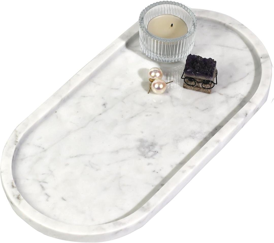 Marble Vanity Tray Organizer - 9.8"x5" Italy Natural Stone Decorative Tray，Jewelry, Perfume & Candle Display Tray，Bathroom Vanity, Dresser Top, Nightstand Decor