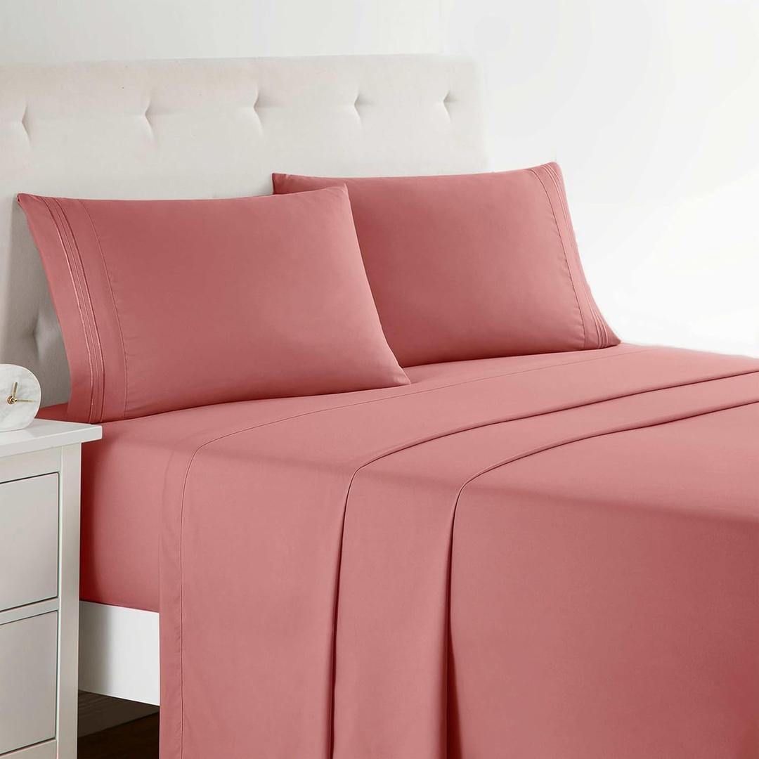 Clara Clark Full XL Bed Sheet Set - Wrinkle, Fade, Stain Resistant, Deep Pocket Sheets - Luxury Soft Bedding Sheets & Pillowcases, Full XL Pink Clay