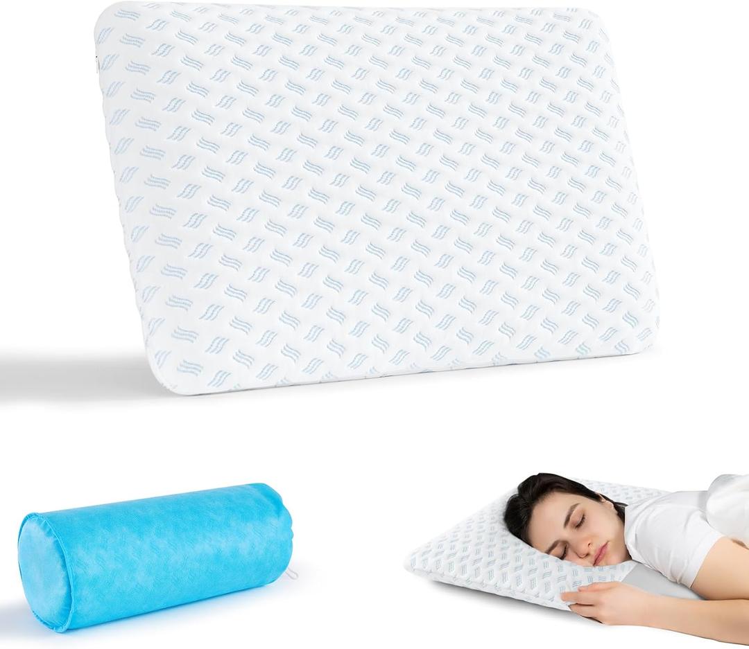 Ultra Thin Pillow 2.75" cooling Memory Foam Pillows for Stomach Sleeping, Gel Infused Slim Pillows for Side Back Stomach Sleepers, Travel Pillow, Bed Pillow Neck support, Washable Cover Standard Size (White (1 Pack))