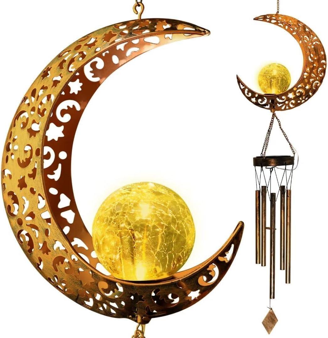 Wind Chime Solar Moon Decor,Mother's Day, Christmas, Thanksgiving Gift for Women,Mother,Grandma,Wife, Birthday Gift Crackle Glass Ball Windchimes Gardening Gifts,Patio Decor, Yard Porch Decorations (Medium-F004)