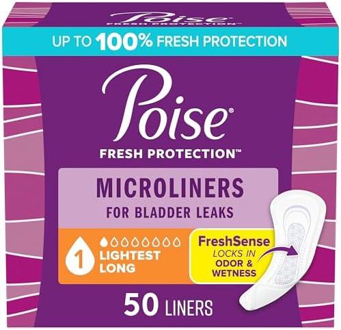 Poise Daily Microliners, Incontinence Panty Liners for Bladder Leaks, 1 Drop Lightest Absorbency, Long Length, 50 Count of Pantiliners