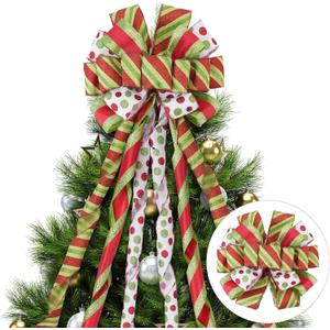 Christmas Tree Topper Bow 45" *13" Red Green Dot Handmade Large Christmas Bows Tree Topper, Wreath Bow for Xmas Holiday Home Wedding Indoor/Outdoor Decoration (WBTM-G/RPNT)