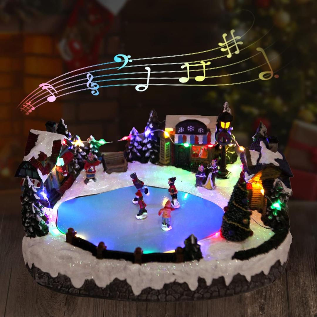 Christmas Village House Figurines Christmas Decor Estatua de la cabaa del Pueblo navideo Home Decoration Snow Globe Display Skating Pond Animated Christmas Theme Park with 8 Music L