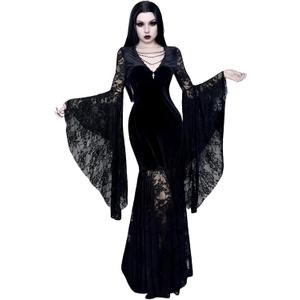 LANSHULAN Women Gothic Bat Sleeve Lace Patchwork Velvet Goth Vintage Dress for Halloween Costume (XX-Large)