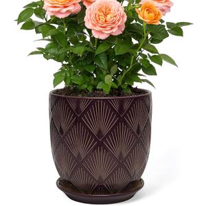 7.2 Inch Modern Ceramic Glaze Plant Pot with Drainage Hole,Mesh Net,Saucer,Indoor Outdoor Planter(Fan-Dark Purple)