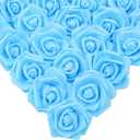 IPOPU Artificial Rose Flower Heads, 100 Pcs Real Looking Sky Blue Foam Fake Roses for DIY Wedding Baby Shower Centerpieces Arrangements Party Tables Home Decorations (Sky Blue, Stemless)