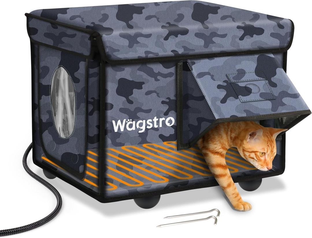 Heated Cat House for Outside, Waterproof Awning & Escape Door Heated Cat Houses for Indoor/Outdoor Cats in Winter, Elevated & Insulated Outdoor Cat Shelter for Feral Cat (Black Camo, 16.5"x12.6"x13")