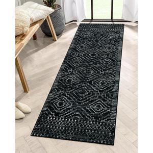 Wonnitar Washable Kitchen Runner Rug 2x6, Moroccan Black Runners for Hallway, Non Slip Bohemian Soft Bathroom Throw Mat Geometric Carpet Runner for Laundry Entryway Bedroom (Black,2'x6')