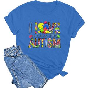 Autism Awareness Shirt Women Autism Shirts Autism Support Tops in April Blue Autism Mom Clothes Special Education Tees, XL