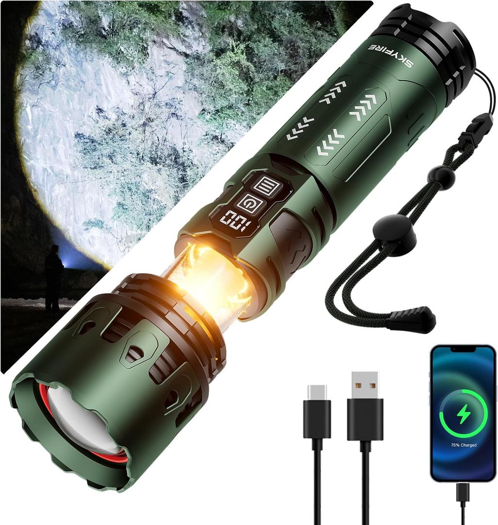 SKYFIRE Flashlights High Lumens, 5000LM Rechargeable Flashlights,LED Flashlight with Camping Lights,Outdoor Super Bright Flashlight Handheld flashlights for Emergency,Camping,Searching,Home,Green
