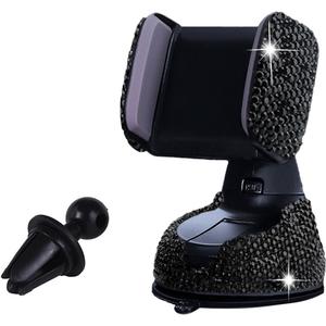 SUNCARACCL Bling Car Phone Holder, 360Adjustable Crystal Auto Phone Mount Universal Rhinestone Car Stand Phone Holder Car Accessories for Windshield Dashboard and Air Outlet (Black)