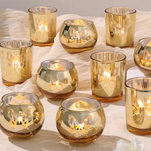 Gold 12 PCS Combination Tea Lights Candle Holder Decorative with Butterfly Pattern, Votive Candle Holders for Wedding, Birthday, Anniversary, Parties, and Holiday Decorations