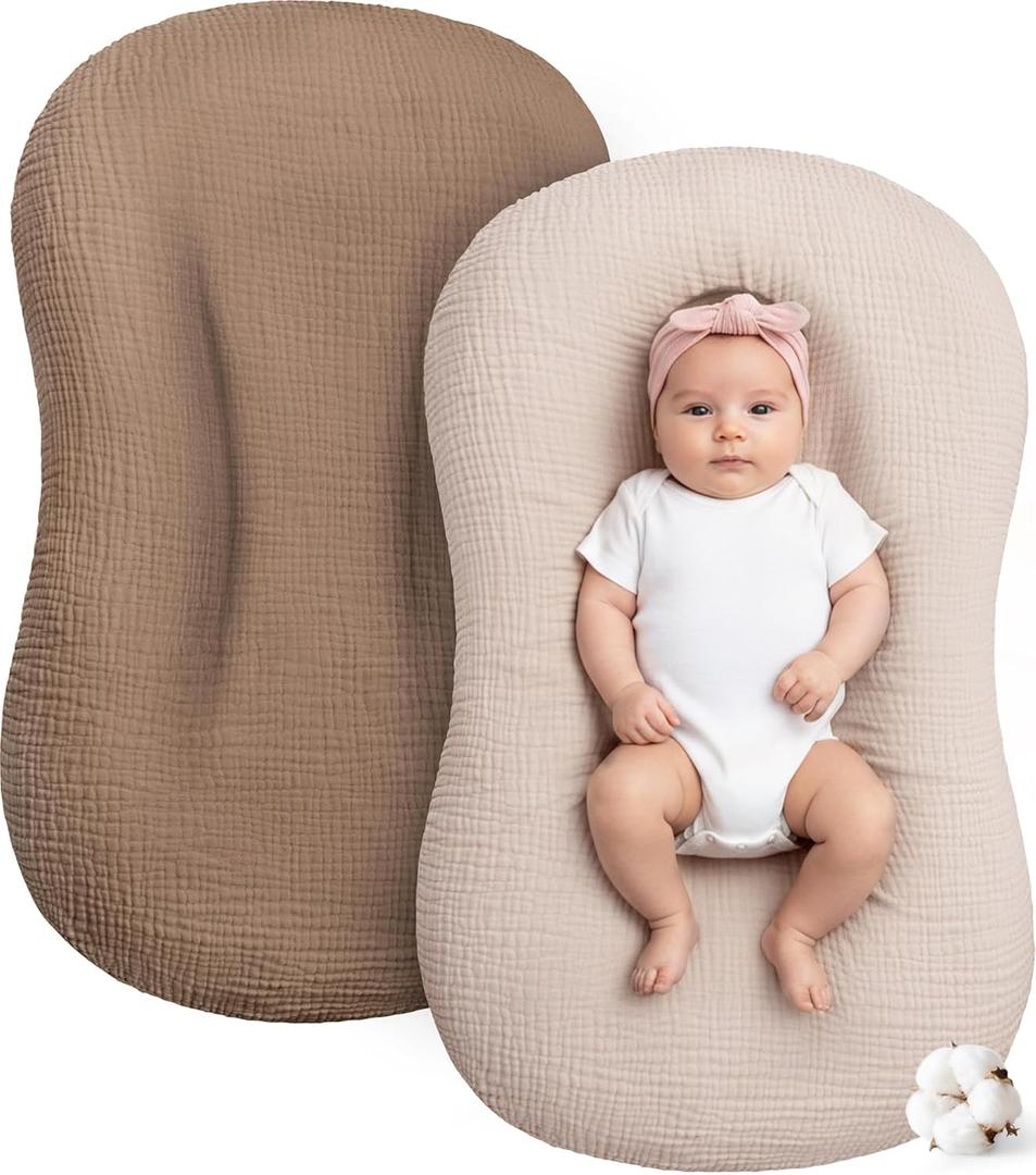 Muslin Baby Lounger Cover 2 Pack, Cotton Soft Breathable Infant Nest Slipcovers, Envelope Closure, Compatible with Snuggle Me Loungers, Machine Washable, Cover Only, for Boys Girls(Brown & Beige)