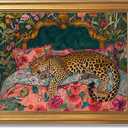 Gold Framed Sleeping Leopard Wall Art Luxury Jungle Colorful Cheetah Animal Poster Retro Maximalist Tropical Floral Pink Dopamine Canvas Print Aesthetic for Bedroom Home Decor 16x24inch