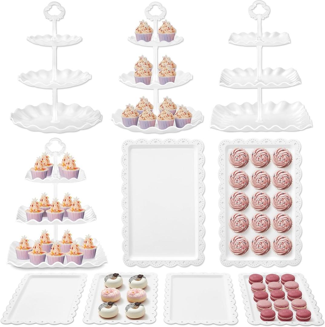 Kootek Dessert Cupcake Stand, 10pcs Dessert Table Display Set, 3 Tiered Cup Cake Holder Tower Stand Riser& Cookie Serving Trays for Wedding, Tea Party, Birthday, Baby Shower (Bright White)