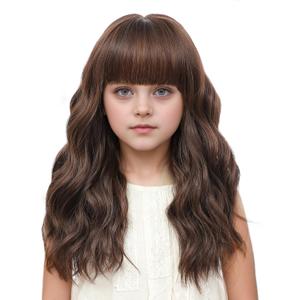Kids Light Brown Wig with Bangs 14 Inch Halloween Wigs for Kids Girls Wavy Hair Synthetic Wig with Upgraded Strands, Shoulder Length Wigs (14 Inch, Light Brown)