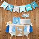 1/2 Birthday Boy Half Birthday Decorations – 4PCS Blue 6 Month Party Set with 1/2 Way to One Banner, Halfway High Chair Banner, Cake Topper and Hat for 6 Month Baby Boy Photo Shoot Decor