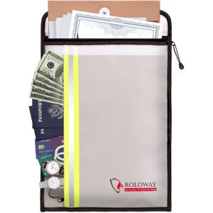 ROLOWAY Fireproof Document Bag (15 x 11 inch) with 2 Pockets & Waterproof Zipper, Fire Safe Envelope Bag for Cash, Legal Documents (Silver)