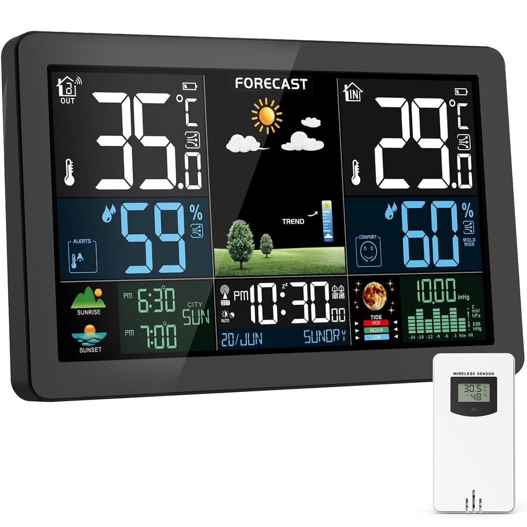 Weather Station Wireless Indoor Outdoor, Thermometer Wireless with Remote Sensor, Home Weather Station, Color Display Digital Weather Forecast, Humidity, Atomic Clock, Air Pressure for Home (Black)