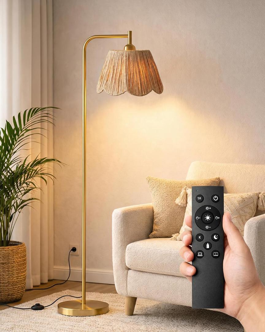 JOOFO Boho Floor Lamp with Remote & Foot Switch, Brushed Gold Standing Lamp with Flower-Inspired Textured Shade, Stepless Dimmable Tall Lamp for Living Room Bedroom Reading (Bulb Included)