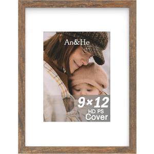 An&He 9x12 inch Picture Frame, Brown Simple Photo Frame for Decorative Artwork, Suitable for Tabletop, Desk, Bookshelf and Wall Display, Photo Gallery Decor