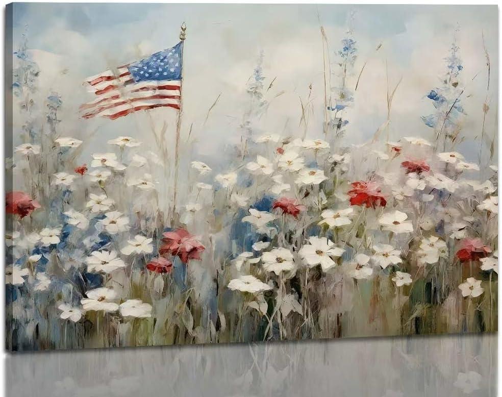 Framed Patriotic Canvas Wall Art Vintage American Flag Canvas Print Painting Artwork Wildflower Wall Art Print for Home Decoration (C, 16x24inch(40x60cm), Framed)