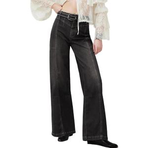 Women Wide Leg Baggy Jeans Mid-High Waisted Straight Stretchy Denim Pants Seamed Long Trousers (Black, M)