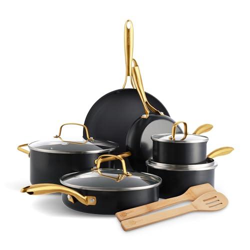 GreenPan 12 Piece Nonstick Swift Cookware Set, Ceramic PFAS-Free Pots & Pans with Lids, Dishwasher & Oven/Broiler Safe to 600F, Kitchen Cooking Set, Sauce, Saute, Stock, Frying Pans, Black/Gold