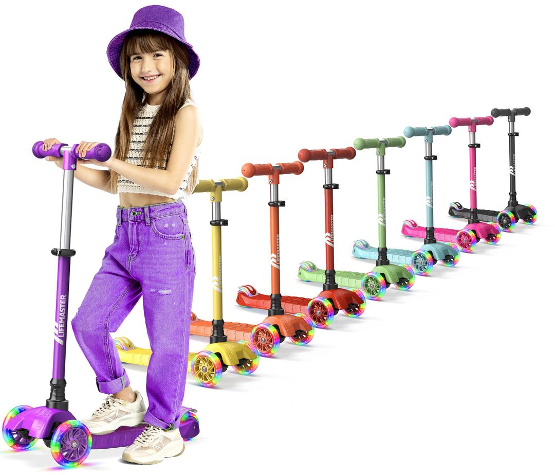 Lifemaster Mini 3-Wheel Kids Scooter with Multi-Color Wheel Lights – 4-Height Adjustable Handlebar, Wide Anti-Slip Deck, Child Safety Certified, Boys & Girls Ages 2+ Supports Up to 110 lbs
