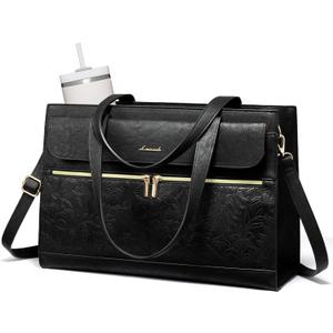 LOVEVOOK Laptop Tote for Women 15.6 Inch, PU Leather Waterproof Work Tote with Large Tumbler Pocket, Peony Embossed Textured Computer Bag, Organized Teacher Office Business Crossbody Handbag