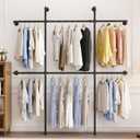 Industrial Pipe Clothing Rack Wall Mount, Black Pipe Clothes Rack with 6 Hanging Rods, Heavy Duty Pipe Clothing Rack for Laundry Room, Closet Systems for Walk in Closets