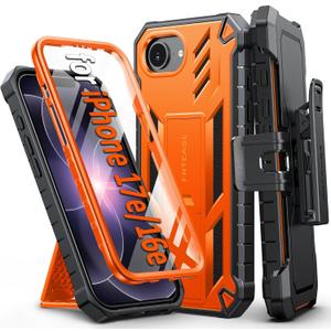 FNTCASE for iPhone 17e Phone Case: for iPhone 16e Case Military Grade Rugged Case with Kickstand & Holster | Shockproof TPU Protection Bumper Matte Textured Design | Heavy Duty Protector Orange