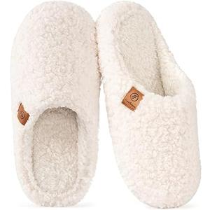 EverFoams Women's Fuzzy Slip-on Slippers Soft Comfy Memory Foam Indoor House Shoes  9-10, Beige 