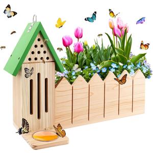 4-in-1 Butterfly House Feeder Bee House with Flower Pot, Wooden Butterfly Houses for The Garden, Butterfly Feeders for Outdoors, Natural Butterfly Garden Kit Habitat for Outside