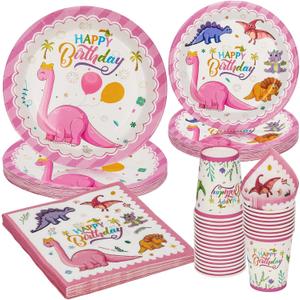 168PCS Dinosaur Party Supllies for Girls Pink Cartoon Dino Birthday Party Decorations Watercolor Dino Plates Cups Napkins Cups Forks Knives and Straws Tableware Set for 24 Guests