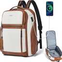 Shrrie Travel Laptop Backpack for Women, 17 Inch Vegan Leather Backpack with USB Charger, Expandable Large Capacity Computer Backpack Purse for Work Business Travel, Beige