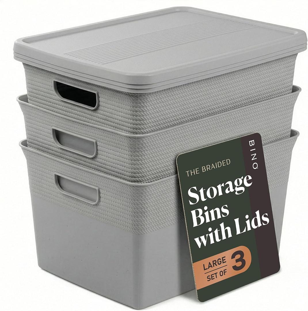 BINO | Plastic Storage Bins with Lids, 22 Liter - 3 Pack, Natural Grey | THE BRAIDED COLLECTION | Plastic Bins for Organization Woven Storage Baskets for Organizing Pantry Shelf Organizer Basket Bin