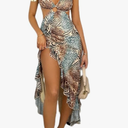 WDIRARA Women's Halter Cut Out Dress Floral Cheetah Print Asymmetrical Hem Sexy High Slit Mesh Ruffle Dresses Small