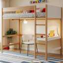 PVWIIK Twin Size Loft Bed with Desk and Upholstered Headboard and Footboard for Girls & Boys,Rubber Wooden Bed Frame with Ladder, Safety Guardrails,Natural