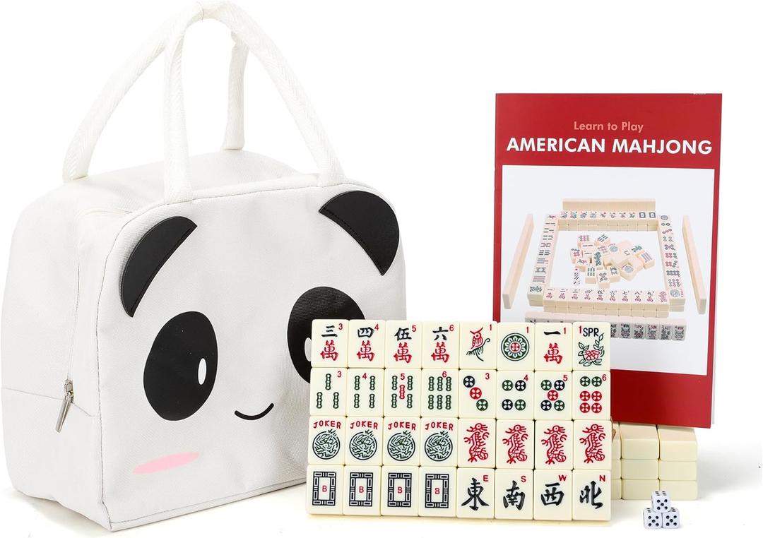drizzle 1.2in Mahjong Set - 166 Medium Size Tiles with Instructions - American Table Game with Panda Bag - Home Family Dorm Party for Leisure Time - Mah Jong