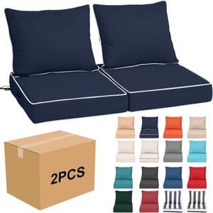 24x24x4in,Set2,Outdoor Chair Cushions with Back, Deep Seat Patio Cushions with Hidden Zipper Ties Handle, Waterproof Patio Furniture Replacement Cushion for Rattan Sofa,Navy blue + white piping