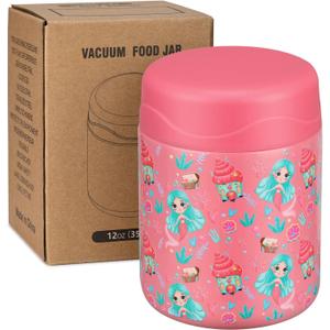 Wiwens 12oz Soup Thermo for Hot Food Kids Insulated Food Jar Wide Mouth Lunch Container Leak Proof Stainless Steel Vacuum Bento Box for School Office Travel Outdoors Pink-Mermaid