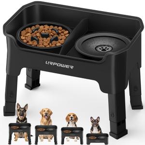 URPOWER Mess Proof Elevated Dog Bowls 4 Height Adjustable Raised Stand with No Spill Water Bowl and Slow Feeder Dog Bowls Non-Slip Food and Water Bowl Set for Small, Medium & Large Dogs (Black)