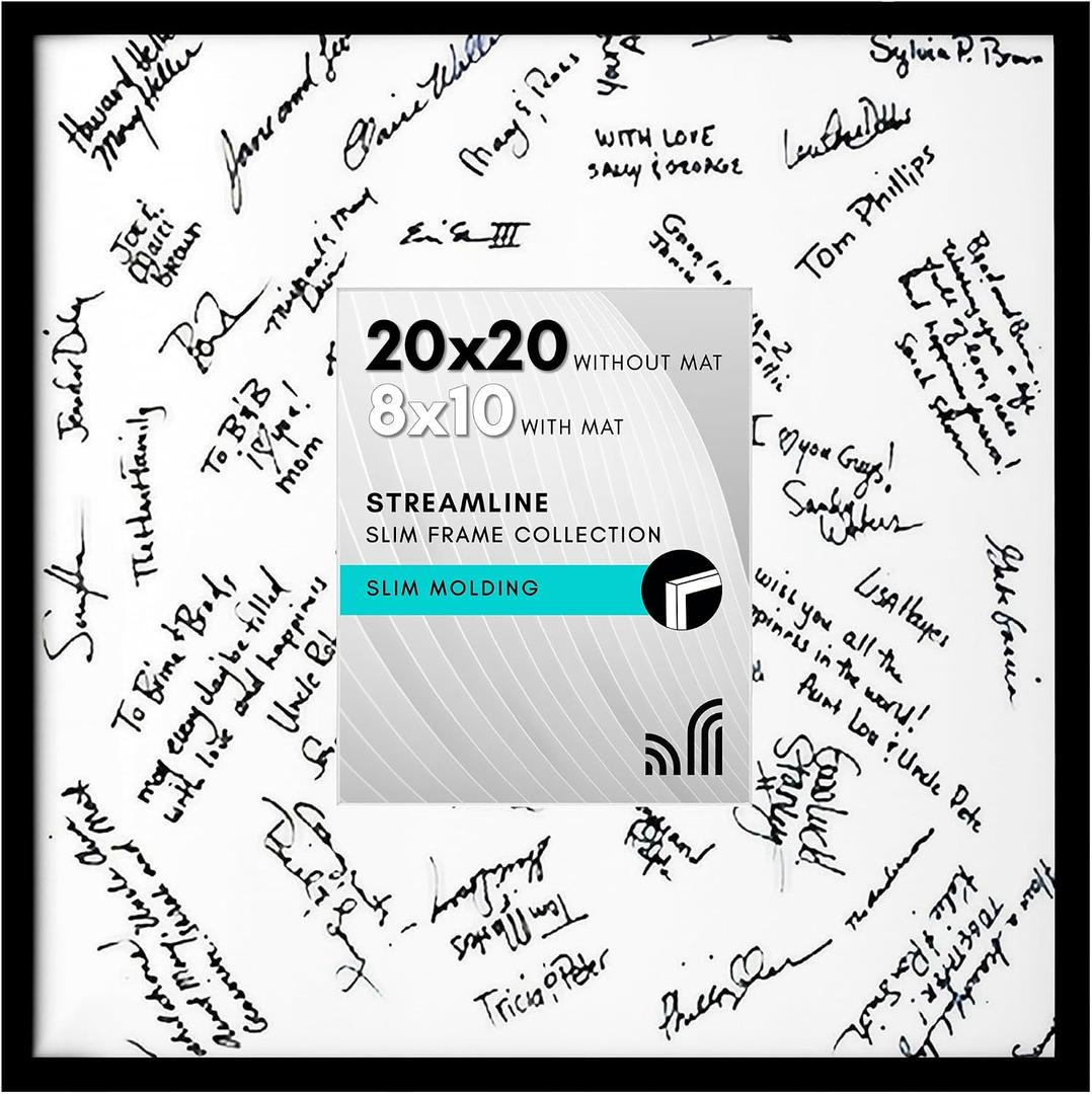 Americanflat 20x20 Wedding Signature Frame with Polished Plexiglass - Use as 8x10 Frame with Mat or Display 20x20 Photos Without Mat - Streamline Collection - Autograph Frames for Wall - Black