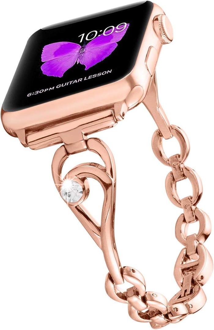 Slim Bling Bands for Apple Watch 42mm 44mm 45mm 49mm, Womens Jewelry Metal Strap Dressy Wristband for iWatch Series 9/8/7/SE/6/5/4/3/2/1/Ultra, Adjustable, Rose Gold