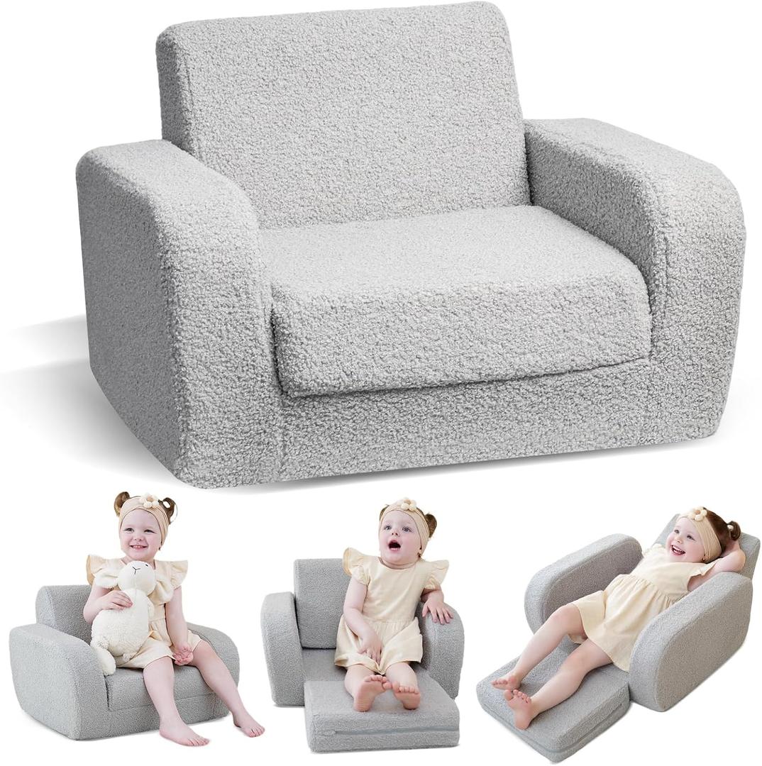 KidBloom 3-in-1 Toddler Couch, Toddler Chairs Comfy 1-3 Years Old, Kids Couch Bed Fold Out, Gifts for 1 2 Year Old Girls Boys, Small