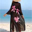 OYOANGLE Women's Swimsuit Cover Up Floral Long Sleeve Sheer Long Kimono Cardigans Beach Coverups (M)