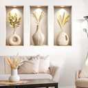 3D Vase Gold Leaf Wall Stickers, 3 Sheets Faux Vase Plant Wall Decals Peel and Stick for Modern Living Room Bedroom Office Home Decor (Gold Plant)