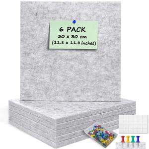 6 Pack Cork Board Felt Bulletin Board with 60 Push Pins, 1/2" Thick Pinboard Square Tiles for Wall Organizer - Home Office Classroom Decor, Photo Display, Memo Board (11.8"x11.8"- Light Grey)